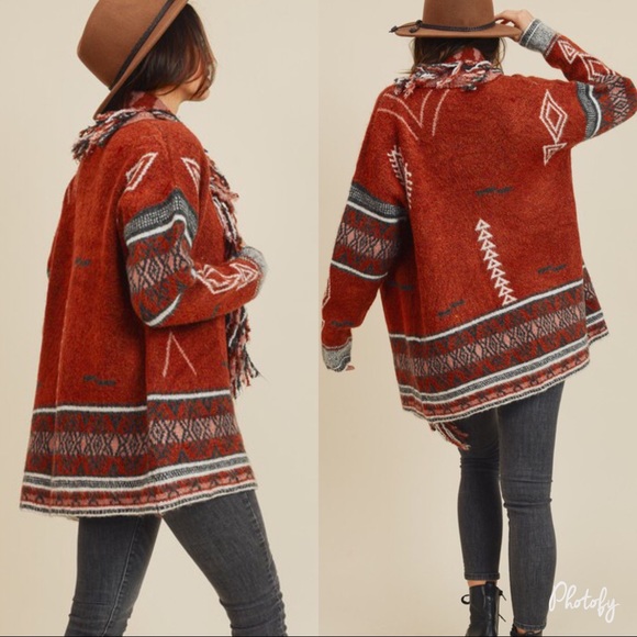 Sweater Cardigan Fringe Tribal Knit Retro Aztec - Picture 7 of 8